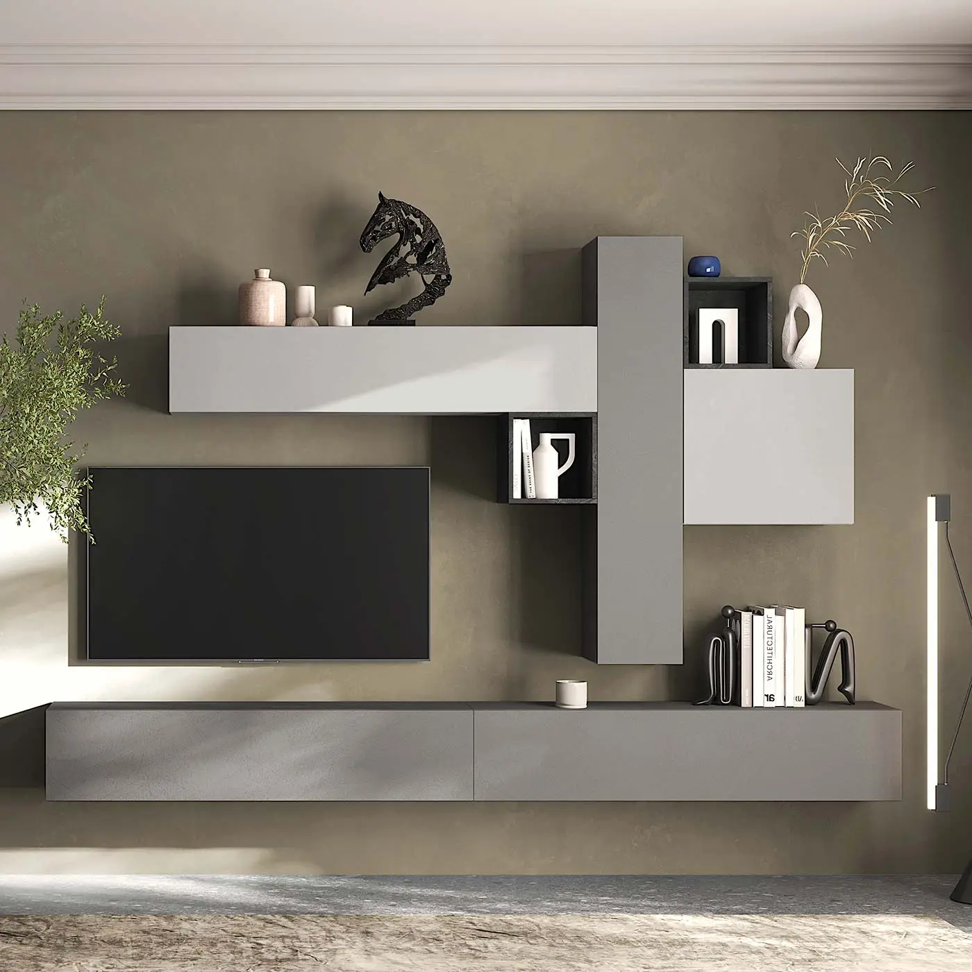 Acquista ora Parete attrezzata 276x30x210 h cm, Ardesia, Gesso e Piombo, collezione Logica