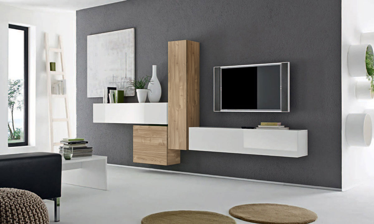 Composizione a parete bianco lucido con cubo e pensile cadiz