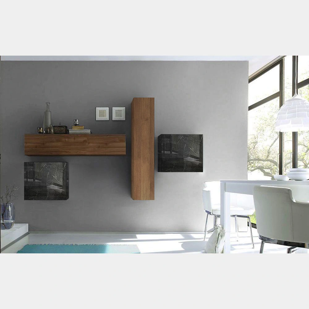 Soggiorno Zenzero moderno, parete attrezzata di design, in legno e marmo nero  - 244x169 cm