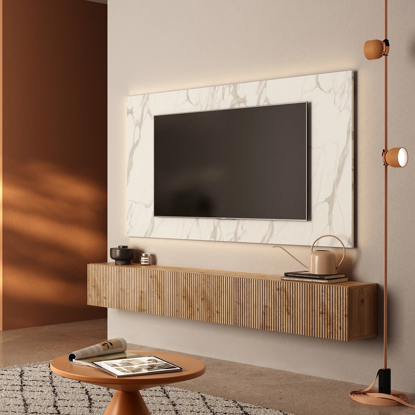 Parete attrezzata sospesa, Cadiz cannettato ed effetto Marmo bianco, L.276 H.170