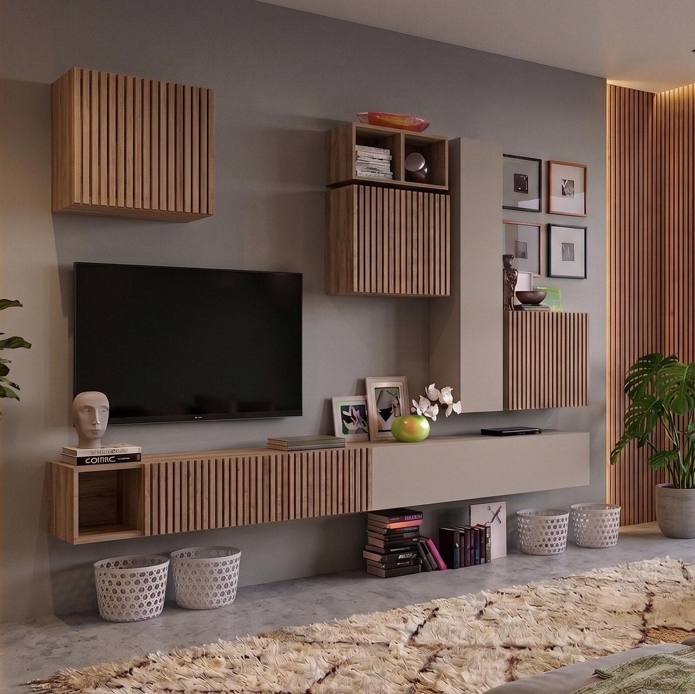 Parete attrezzata, moderna e di design, Mercure cannettato e Cashmere