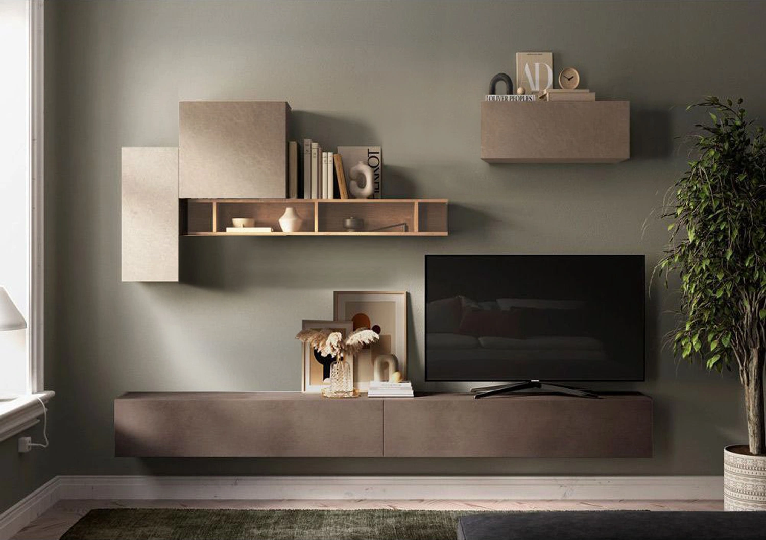 Parete Attrezzata moderna Made in Italy, Bronzo, Argilla e Mercure