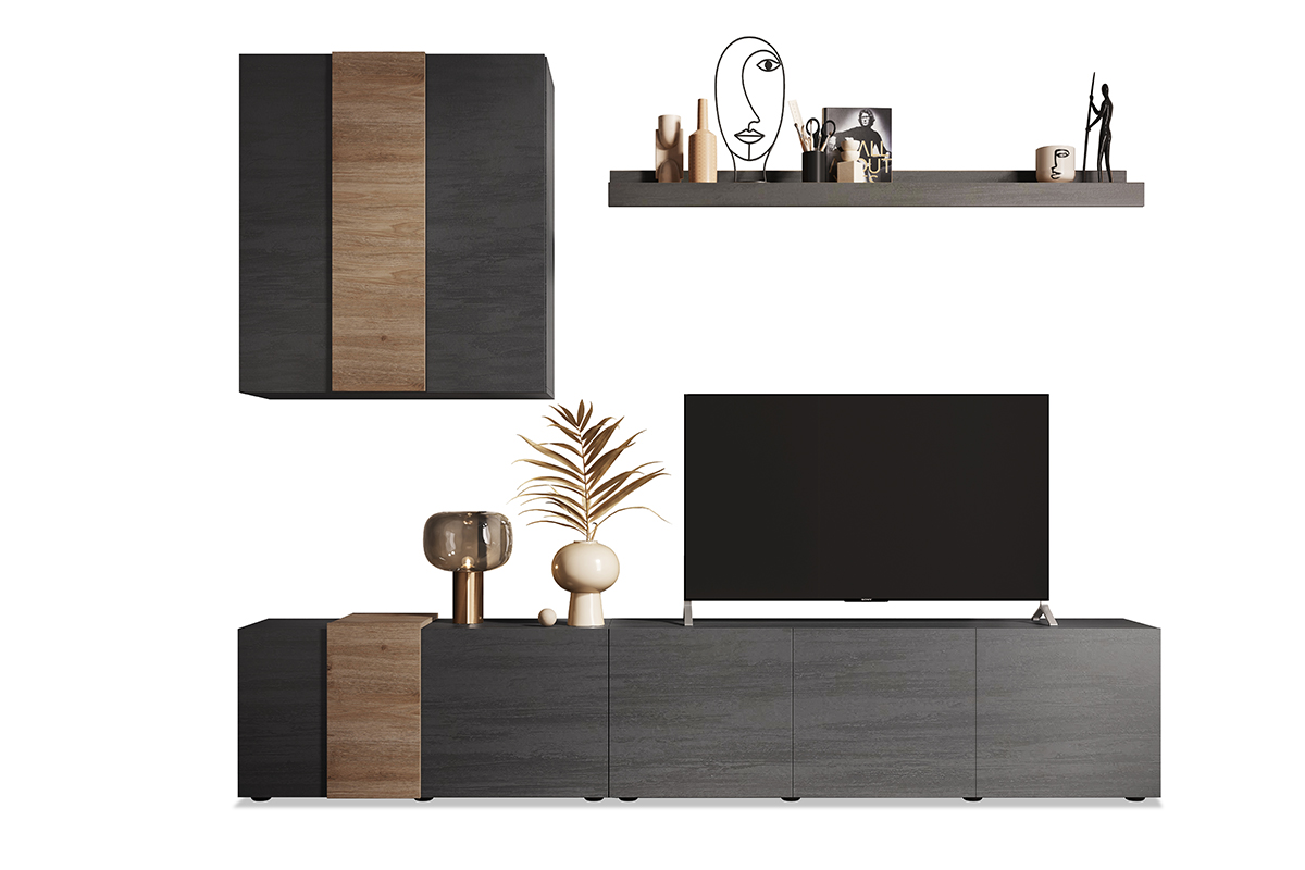 Parete attrezzata moderna, 6 ante battenti, finitura Titanio e Kadiz