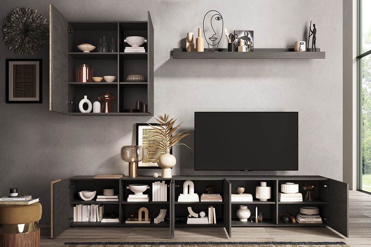 Parete attrezzata moderna, 6 ante battenti, finitura Titanio e Kadiz