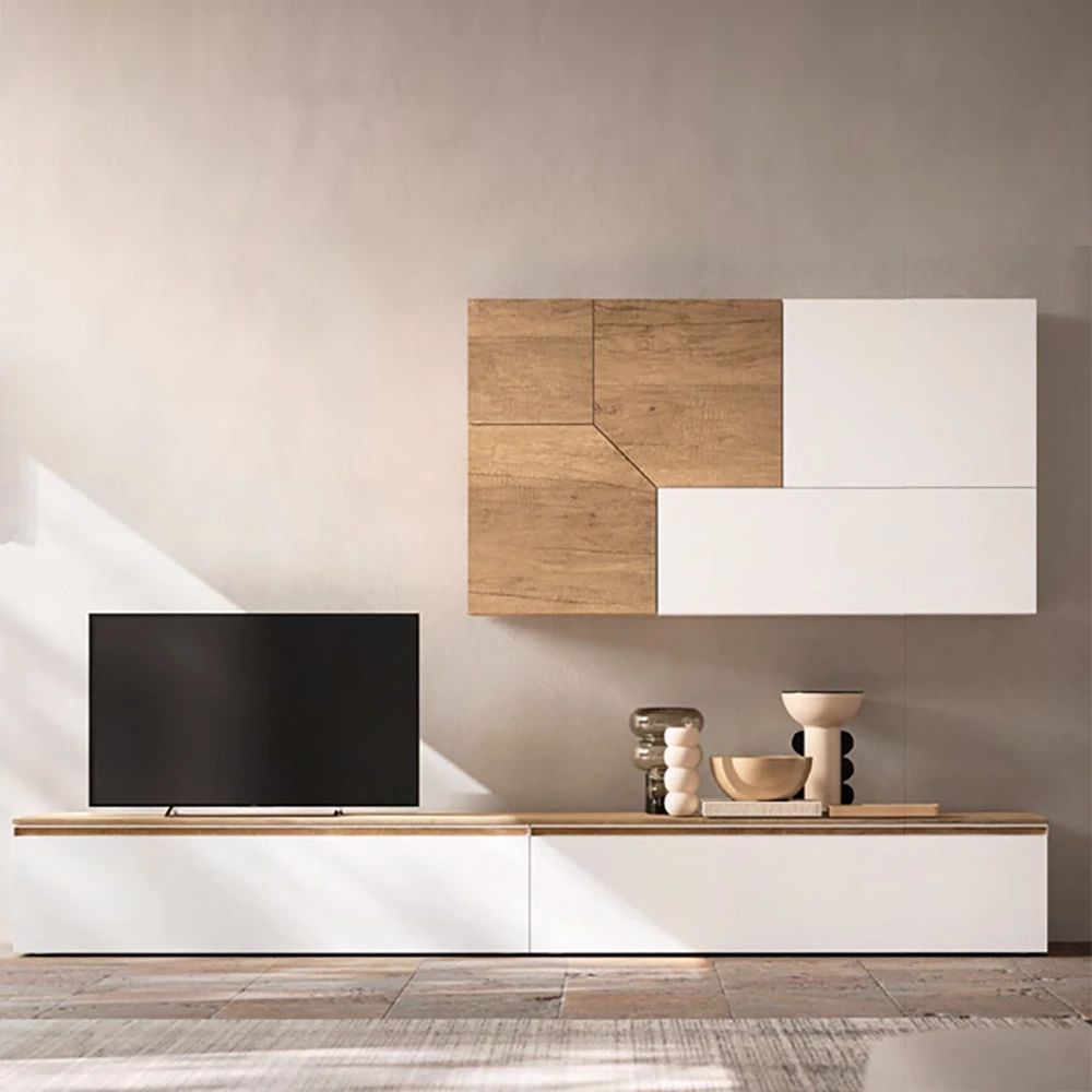 Parete attrezzata Tomasella con pensili Remix, Nodato chiaro e Bianco gesso