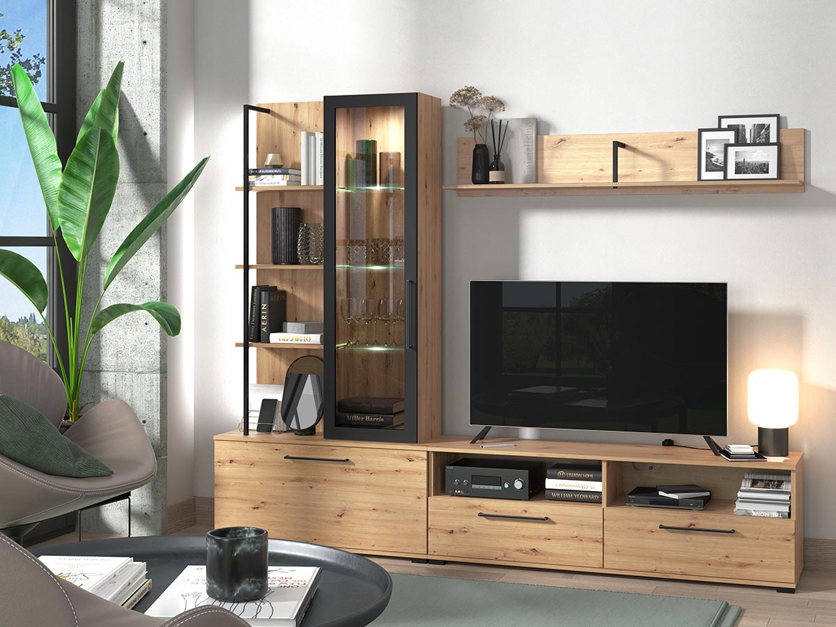 Parete con base tv vetrina e mensole finitura Rovere e Nero