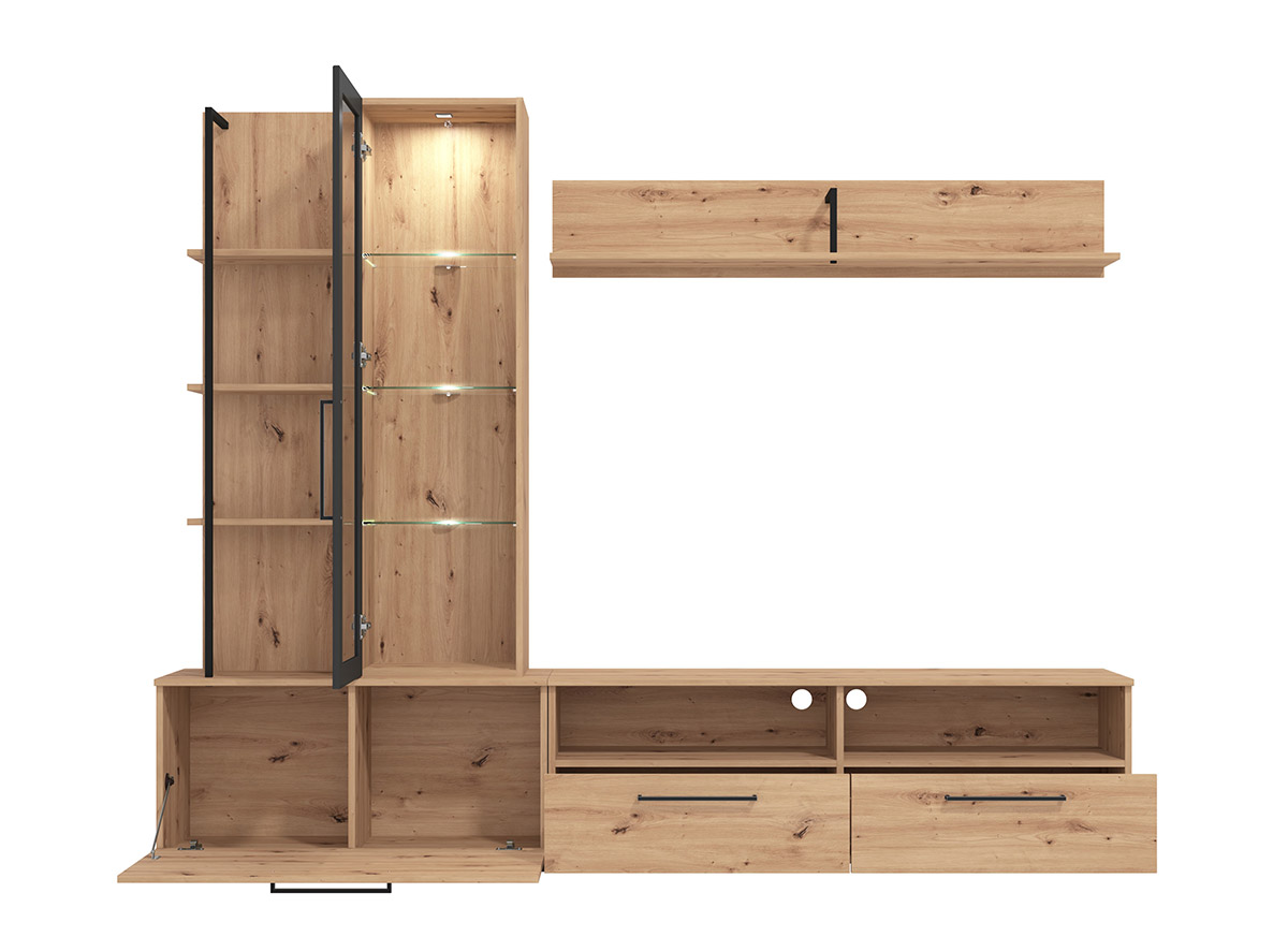 Parete con base tv vetrina e mensole finitura Rovere e Nero