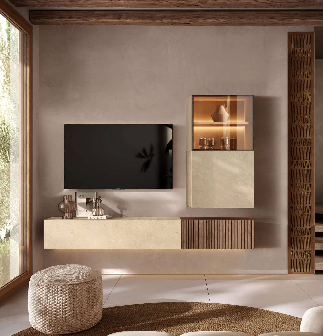 Parete attrezzata sospesa, Argilla, Cashmere e Mercure cannettato