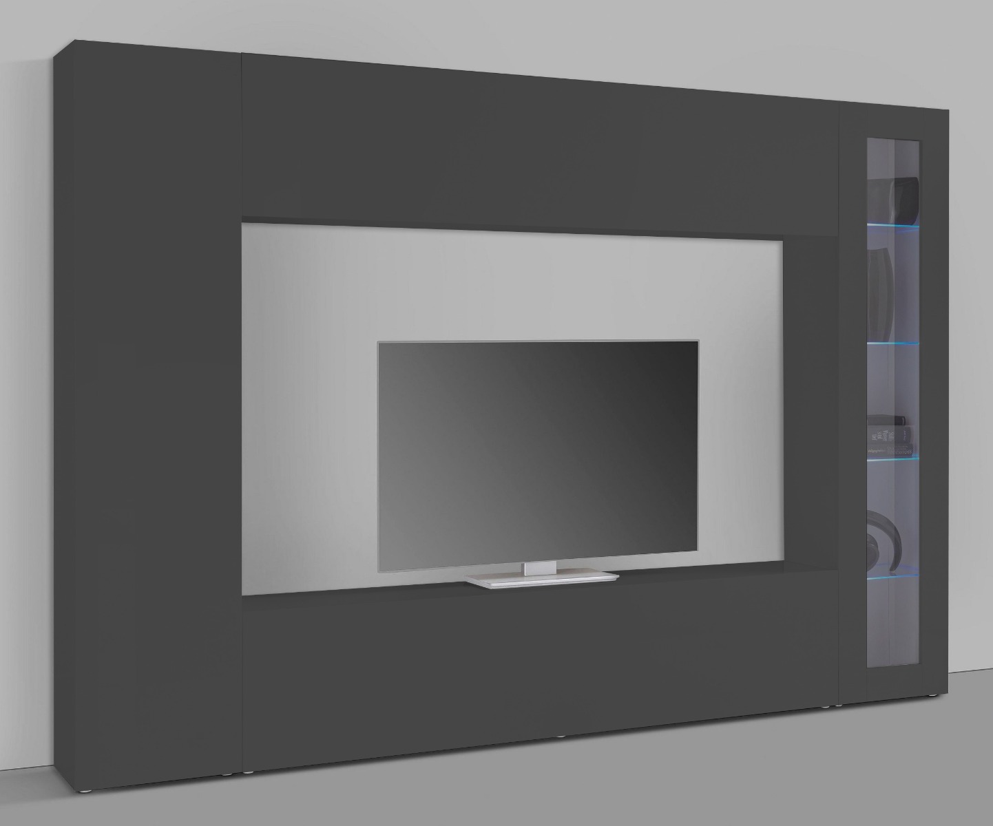 Parete attrezzata in finitura antracite lucido con vetrina