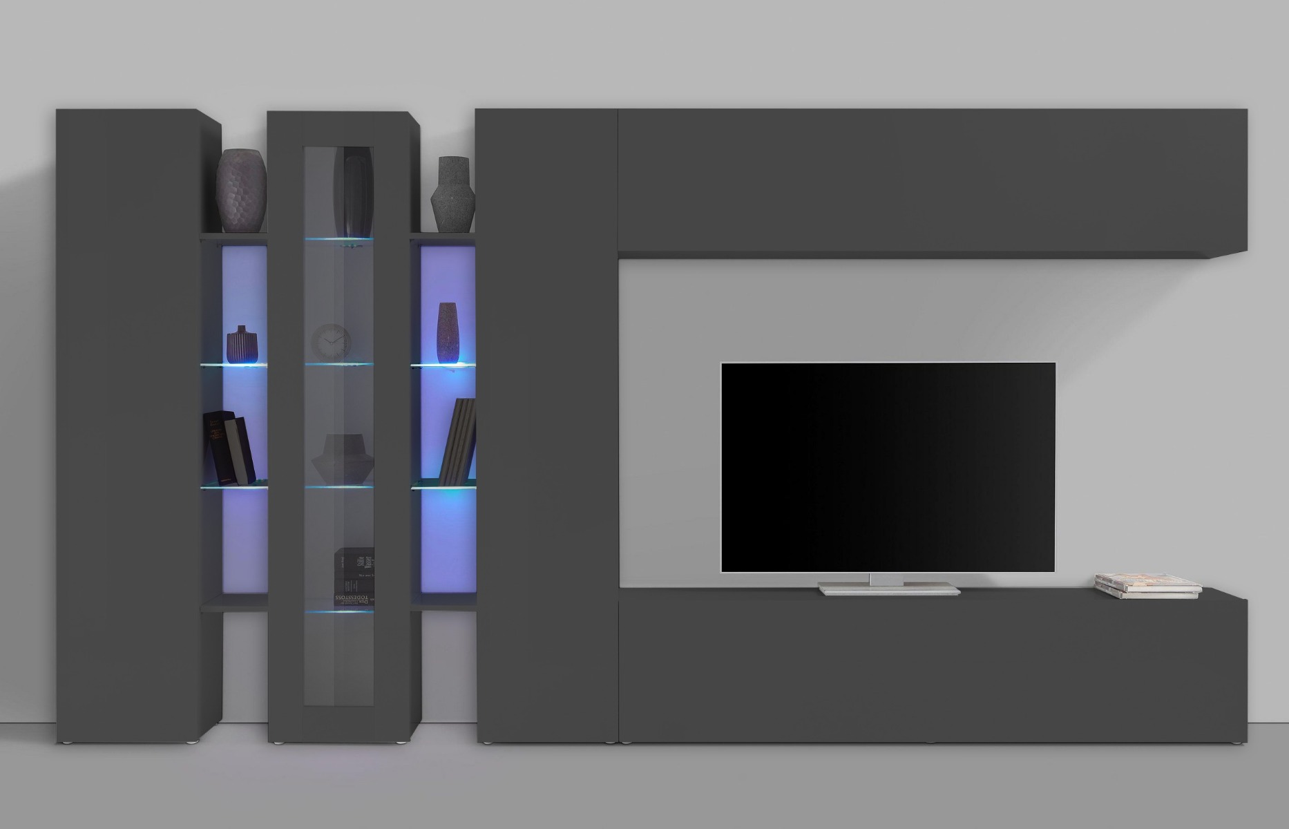 Parete attrezzata con 1 vetrina, 2 colonne e 2 pensili orizzontali, finitura Antracite lucido 