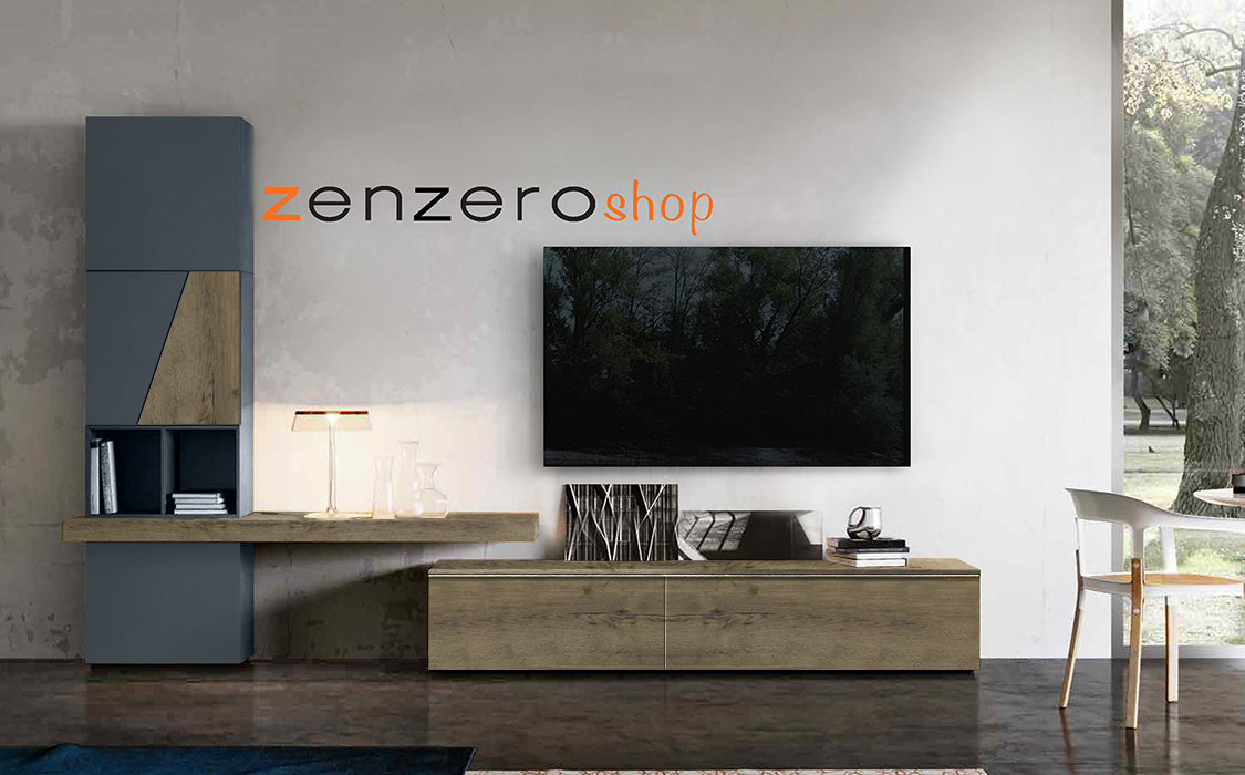 Parete attrezzata in finitura petrolio e rovere tabacco