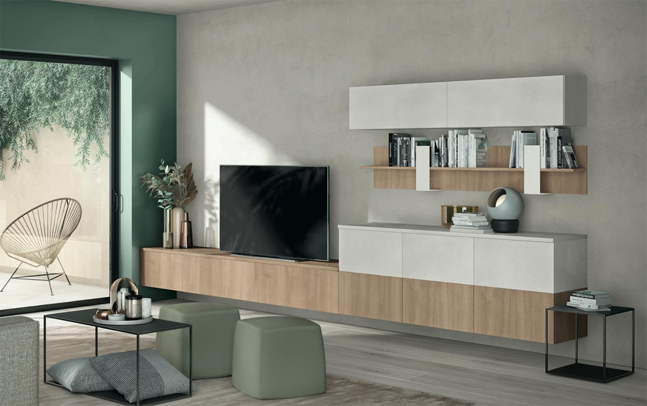 Parete attrezzata con pannelli attrezzati in finitura Royal Oak e Cemento artico 