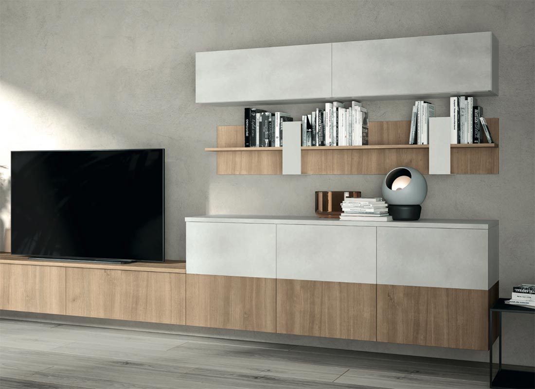 Parete attrezzata con pannelli attrezzati in finitura Royal Oak e Cemento artico 