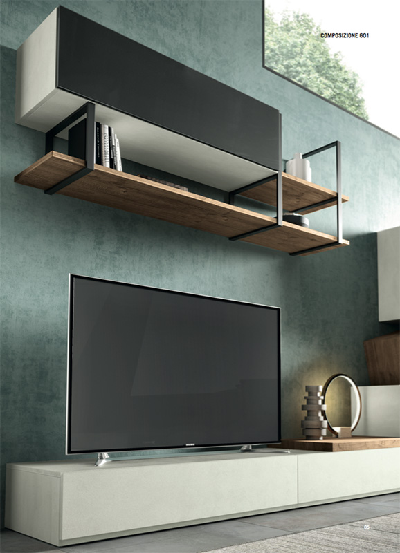 Soggiorno Delfino composto da parete attrezzata e madia  in finitura Bianco Calce, Rovere nordico, Vetro marmo white  e Vetro antracite