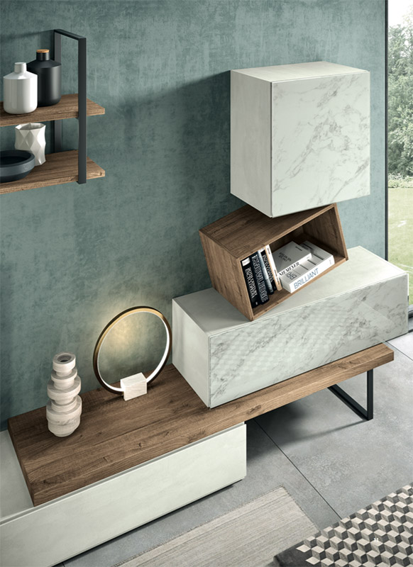 Parete attrezzata Mercurio  in finitura Bianco Calce, Rovere nordico, Vetro marmo white e Vetro antracite