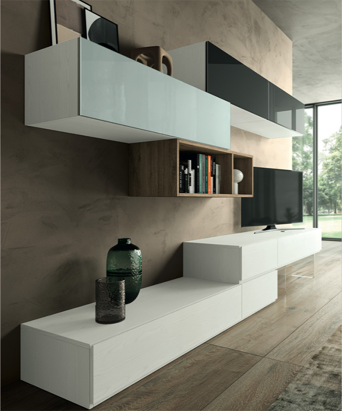 Parete attrezzata Venere  in finitura Frassinato bianco, Rovere nordico, Vetro grigio e Vetro antracite