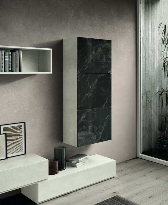 Parete attrezzata Terra in finitura Bianco calce e Vetro marmo dark