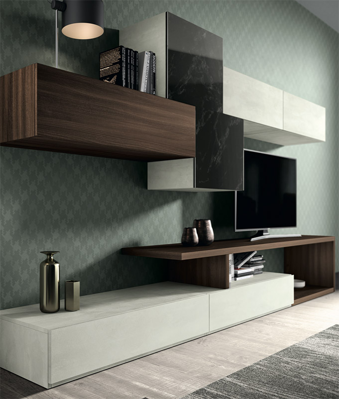 Parete attrezzata Marte in finitura Bianco calce, Quercia brown e Vetro marmo dark