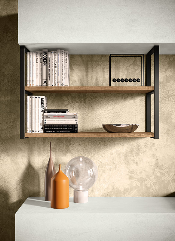 Soggiorno moderno Zenzero, parete attrezzata Arkas in finitura Frassinato bianco, Rovere Nordico, Terra opaco e Vetro Rosso