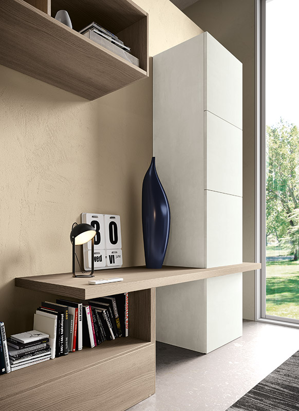 Soggiorno moderno Helix con parete attrezzata e zona studio  in finitura Bianco calce e Olmo
