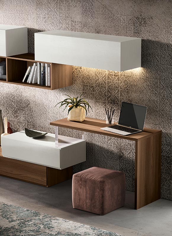 Soggiorno moderno Trifida con parete attrezzata e appendiabiti in finitura Bianco frassinato e Quercia brown