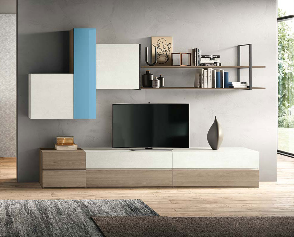 Parete attrezzata Plutone in finitura Olmo, Bianco calce e Vetro azzurro