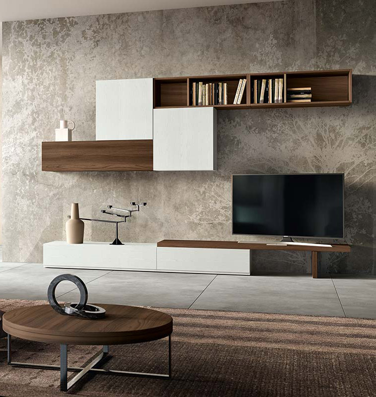 Soggiorno moderno Pacman con parete attrezzta e madia a 2 ante in finitura Bianco frassinato e Quercia brown