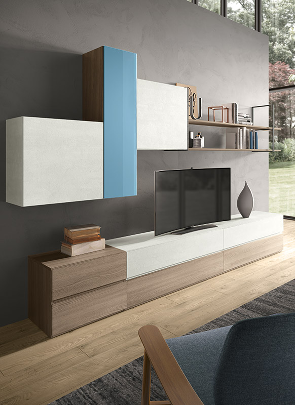 Parete attrezzata Plutone in finitura Olmo, Bianco calce e Vetro azzurro