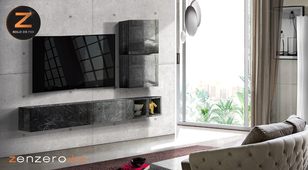 Parete attrezzata lucida con pensile, cubi e vani a giorno, finitura effetto Marmo Nero