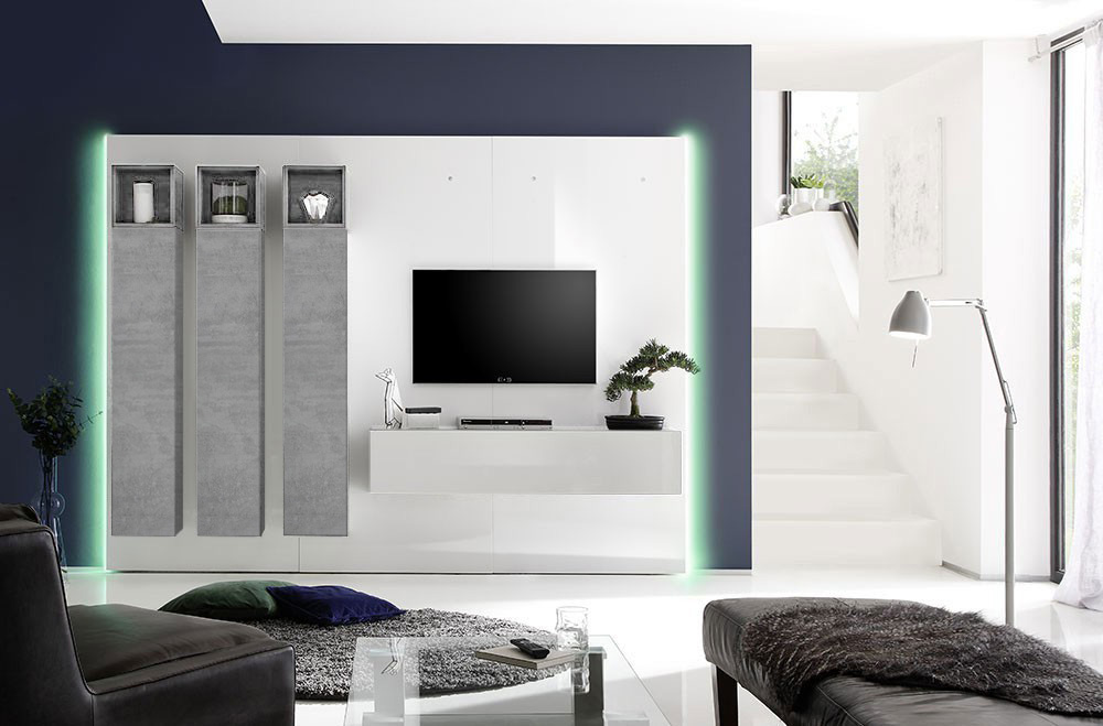 Parete attrezzata moderna di design, finitura bianco laccato lucido e Beton, 3 vani a giorno