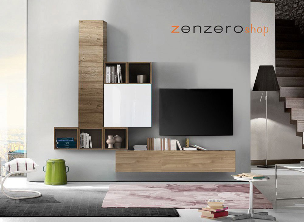 Soggiorno Zenzero, parete attrezzata moderna di design bianco lucido, cadiz e miele