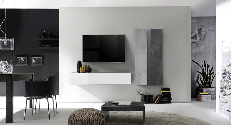 Soggiorno Zenzero, parete attrezzata in laccato bianco lucido, Piombo e Beton