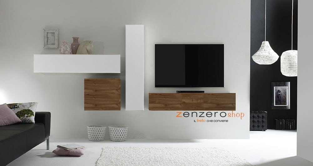Parete attrezzata moderna di design, Noce Dark e Laccato Bianco Lucido - 321x169 cm Zenzero Shop