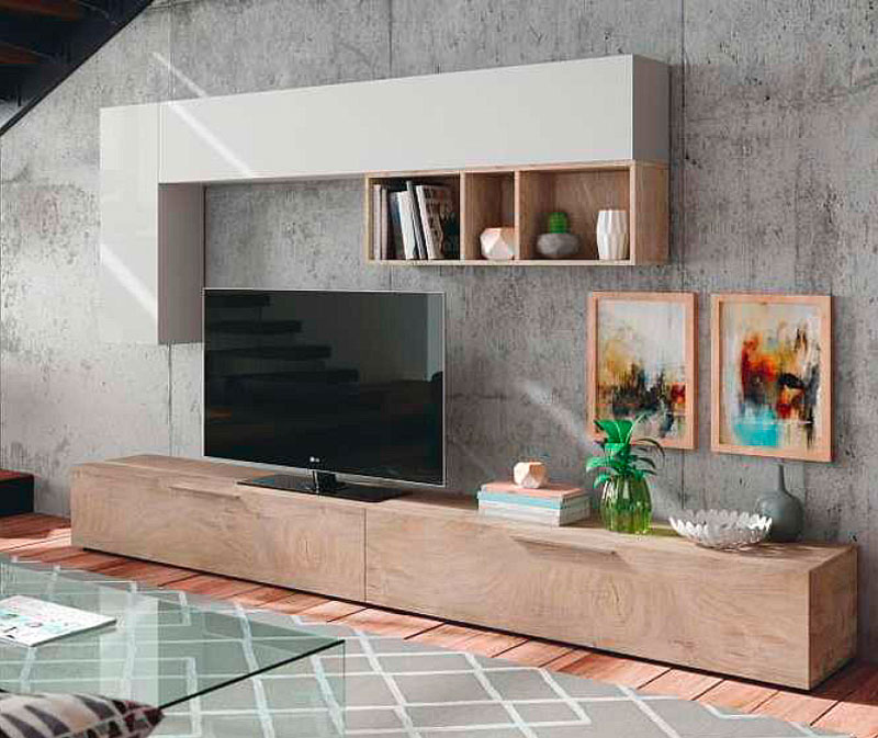 Soggiorno Zenzero, parete attrezzata moderna con  base porta TV e pensili, Bianco Artik e rovere Alaska