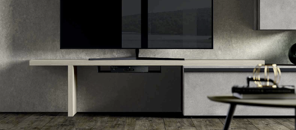 Parete attrezzata di alta qualità con finitura in Petrolio e Rovere tabacco