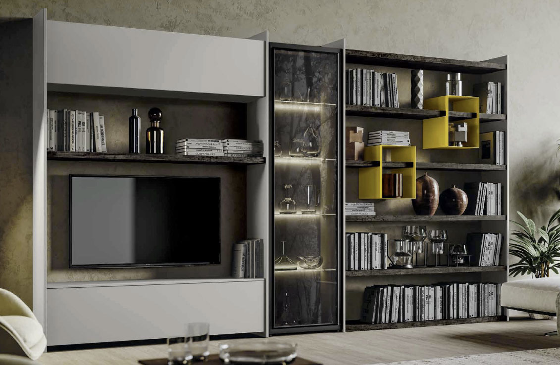 Parete attrezzata con libreria di alta qualità, finitura in giallo oro, Grigio seta e Legno bruciato