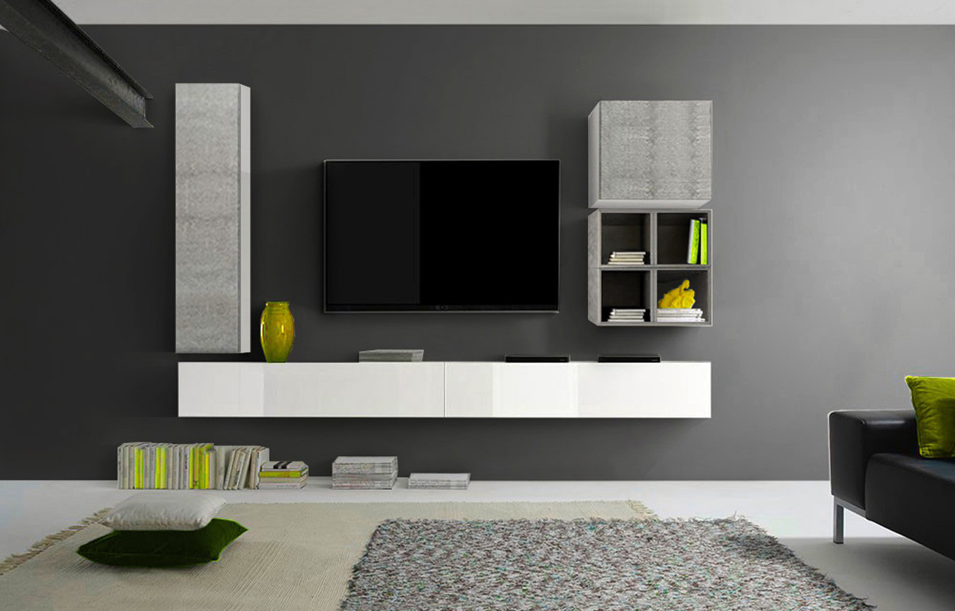 Parete attrezzata bianca laccata lucido e beton, 4 vani a giorno