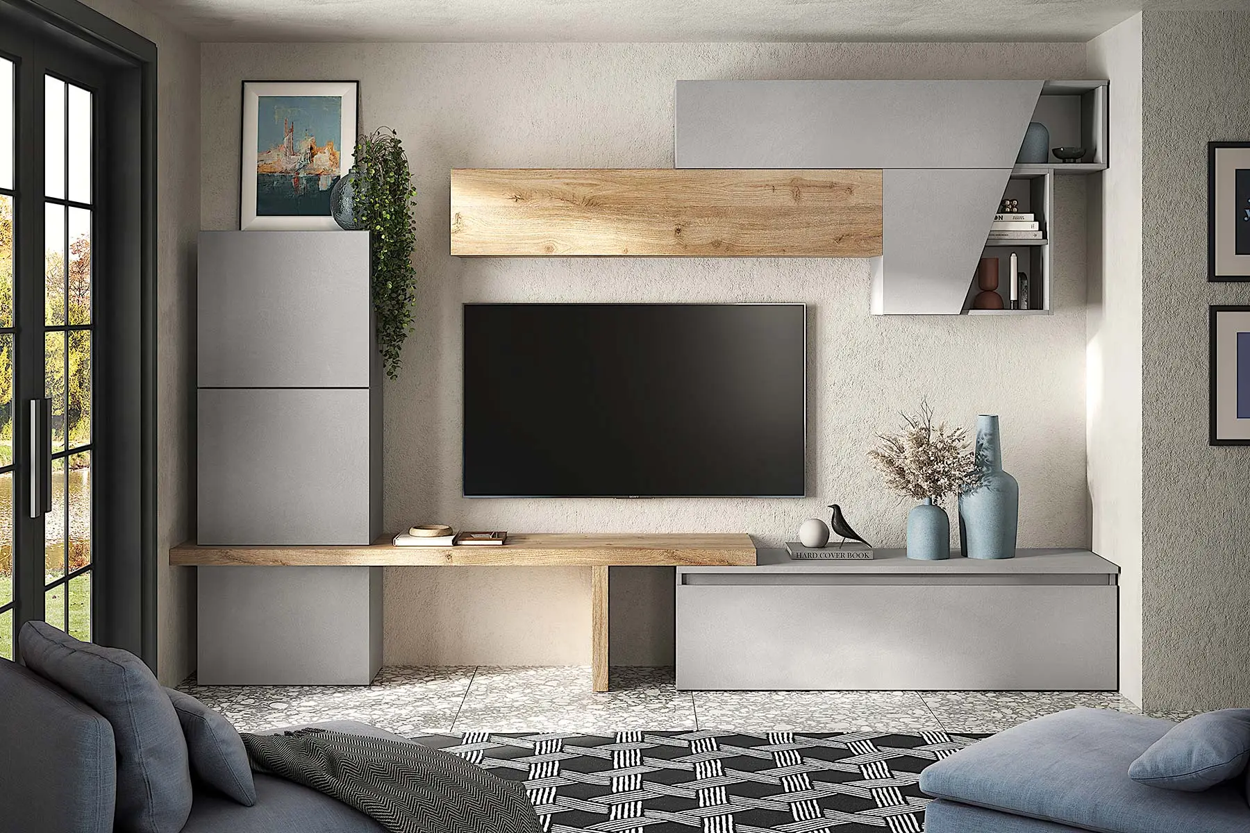 Acquista ora Parete attrezzata 305x40x210 h cm, Gesso e Cadiz, collezione Logica