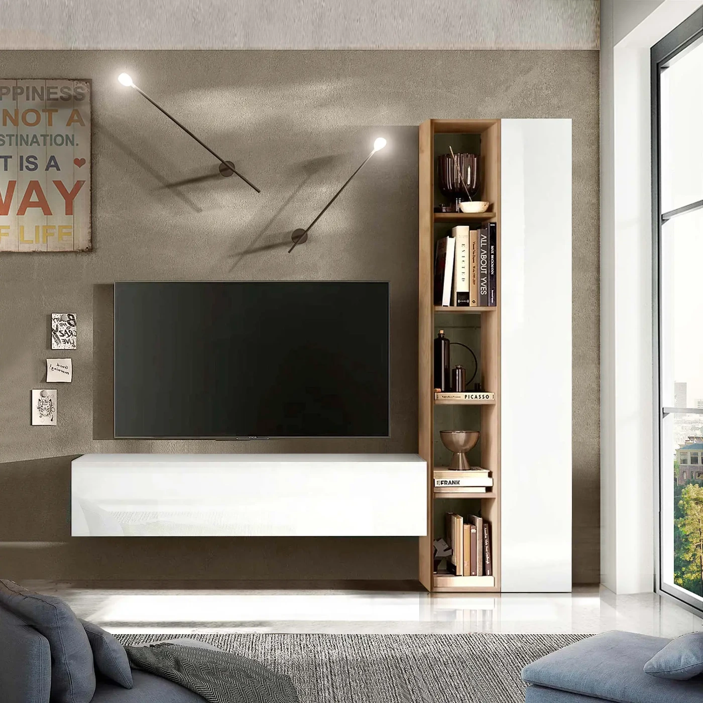 Aggiungi al carrello Parete attrezzata 195x30x186 h cm, Bianco lucido e Cadiz, collezione Logica