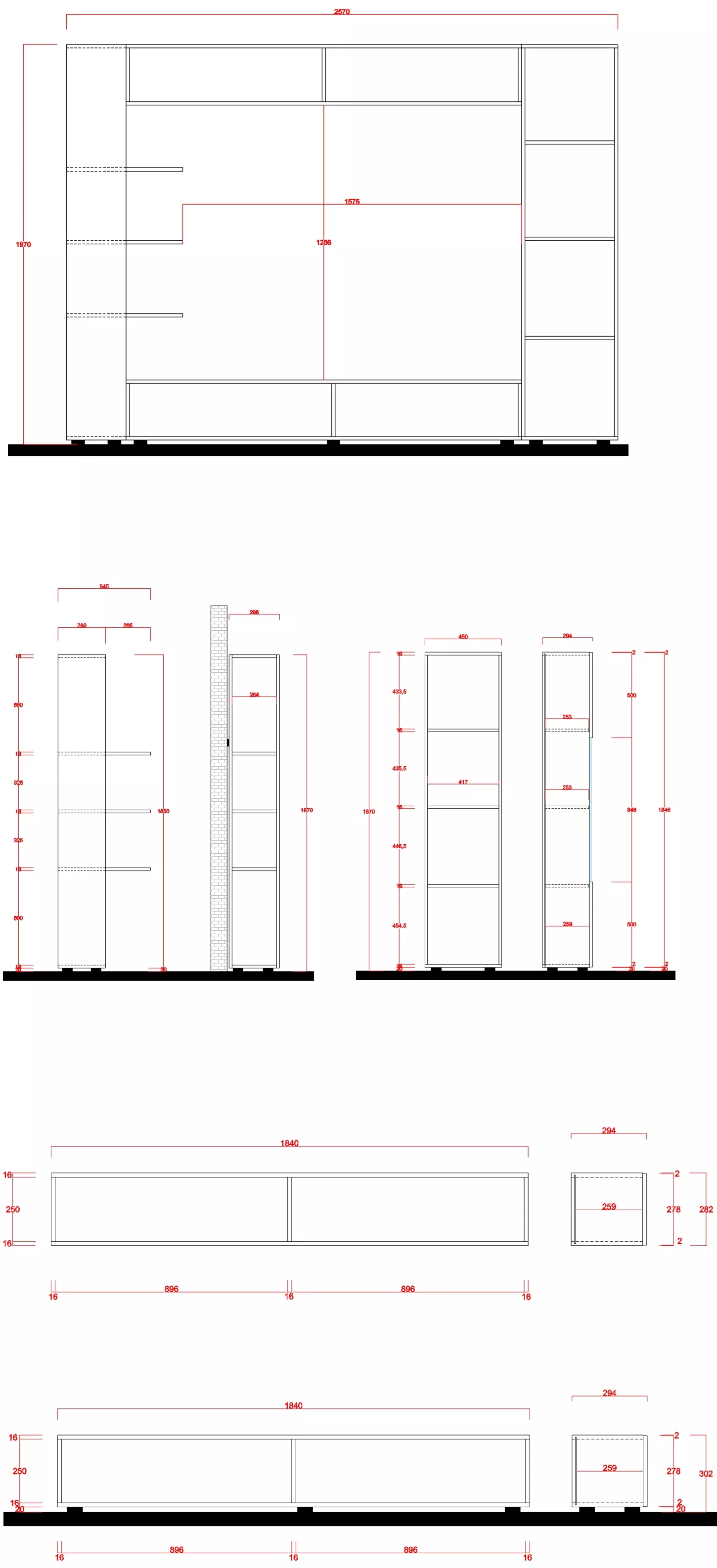 Pareti attrezzate con pensili e  vetrina finitura bianco lucido e beton