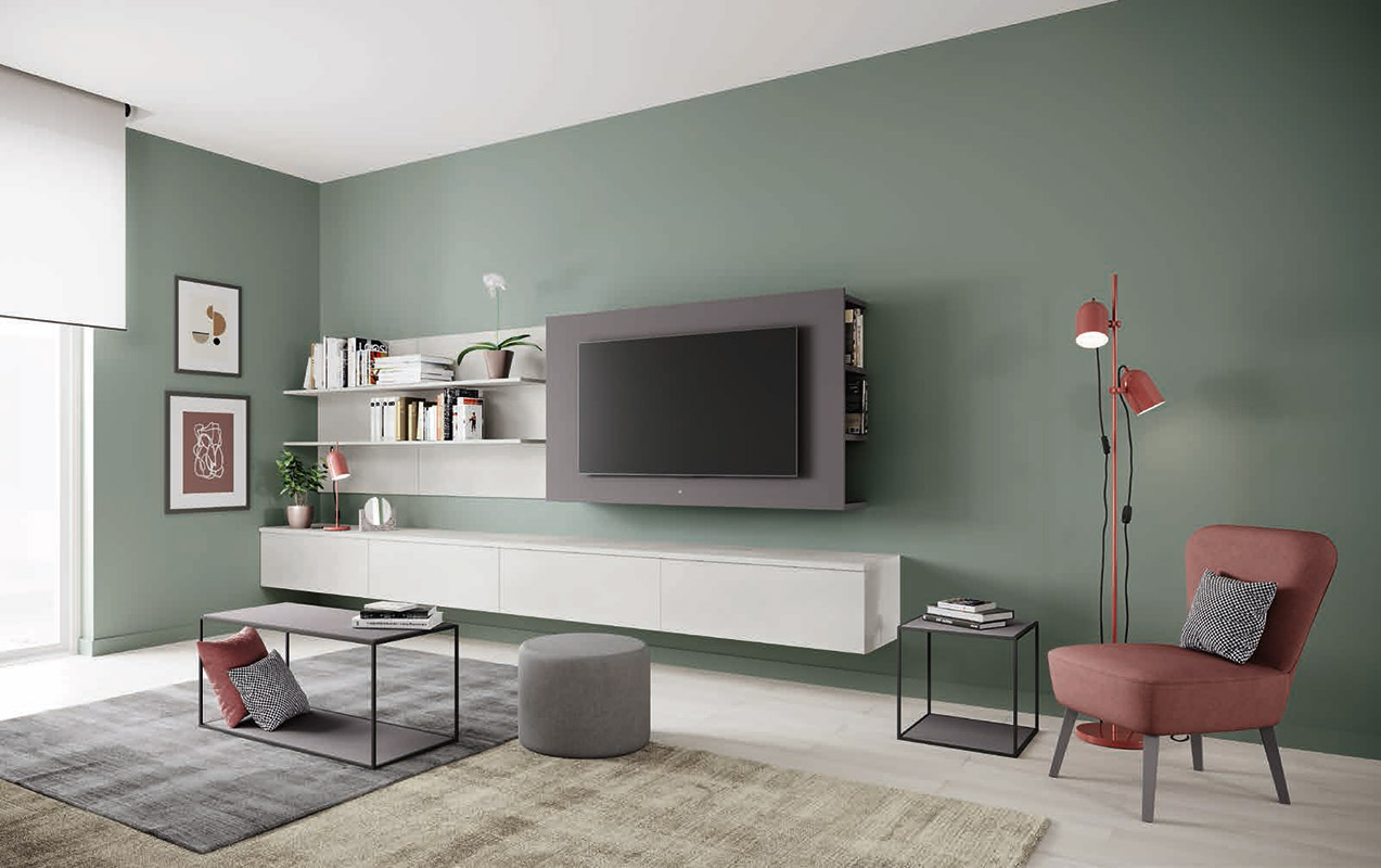 Parete moderna da sala, finitura Cemento artico e Grigio titanio