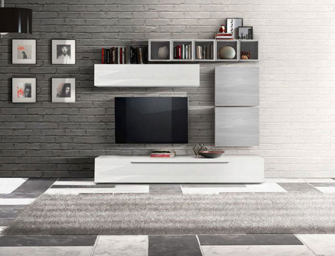 Pareti sala soggiorno Zenzero moderno e di design Bianco Lucido, Gesso e Artico