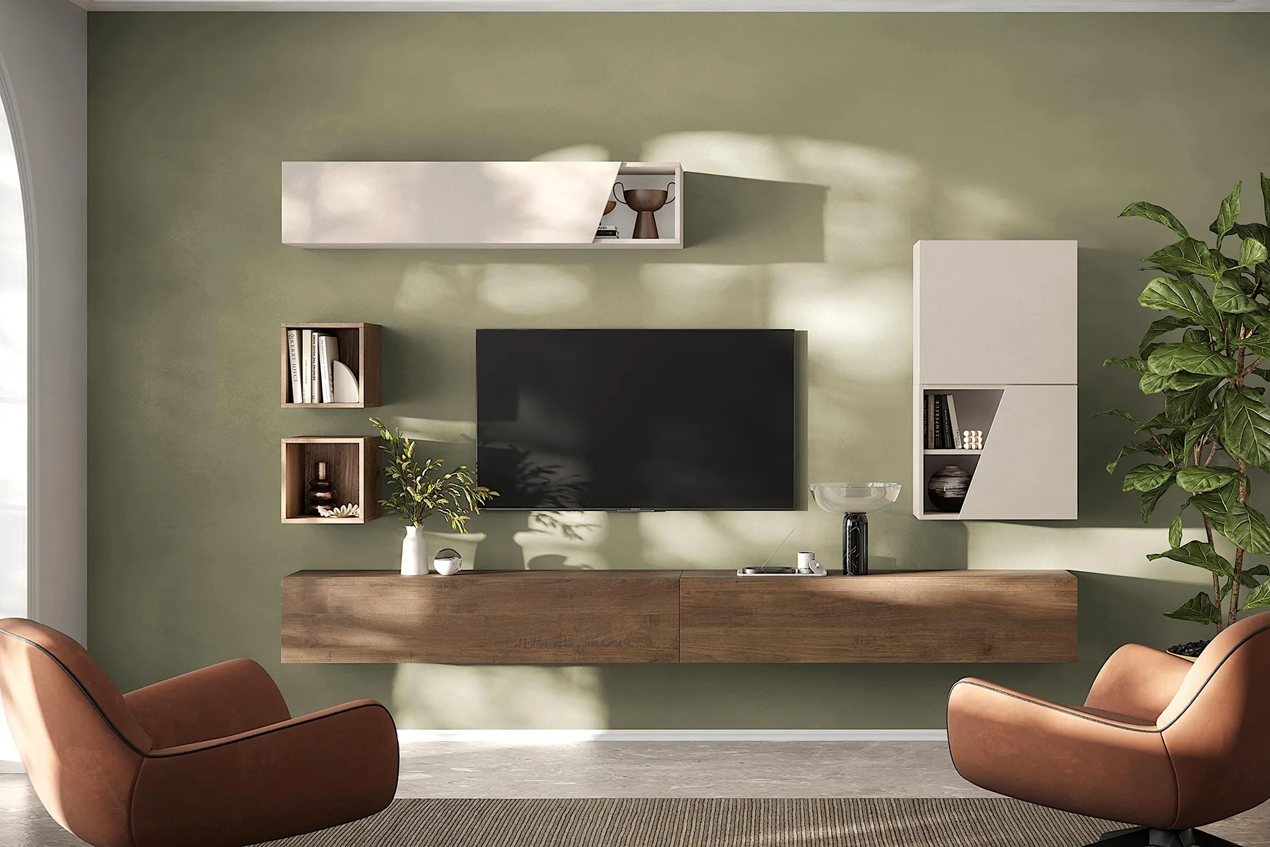 Acquista ora Parete sospesa con ante oblique, 305x30x210 h cm, Cashmere e Mercure, collezione Logica