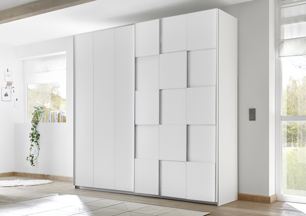 Letto matrimoniale Square in tessuto bianco imbottito, testiera riquadrata