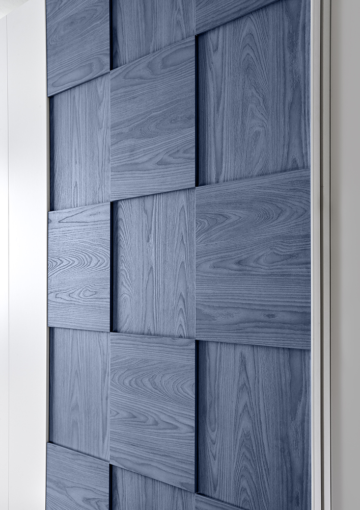 Letto Vertigo singolo, blu in tessuto imbottito 90x200 testiera righe