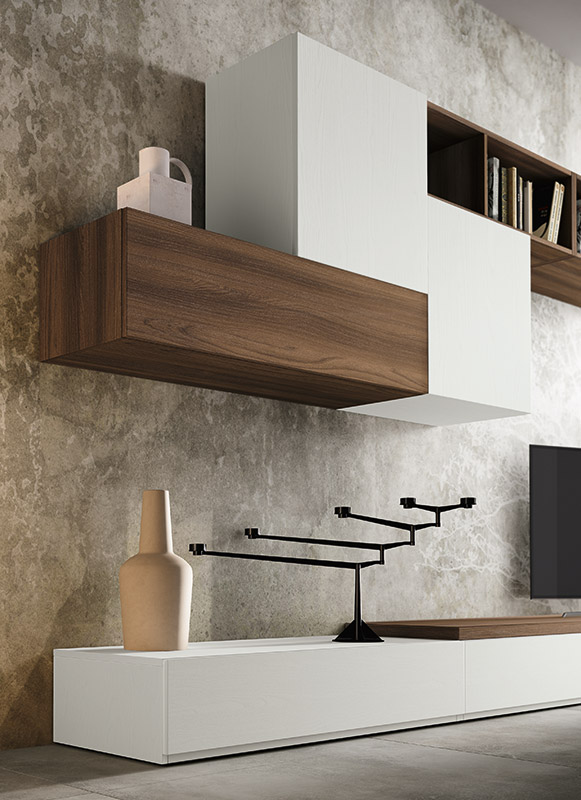 Parete attrezzata Kepler-438 in finitura Bianco frassinato e Quercia brown