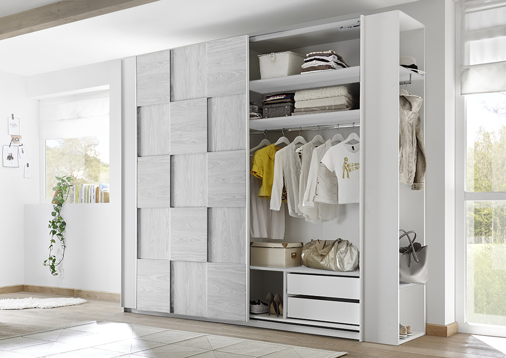 Camera completa con letto grigio in tessuto imbottito con armadio Miss