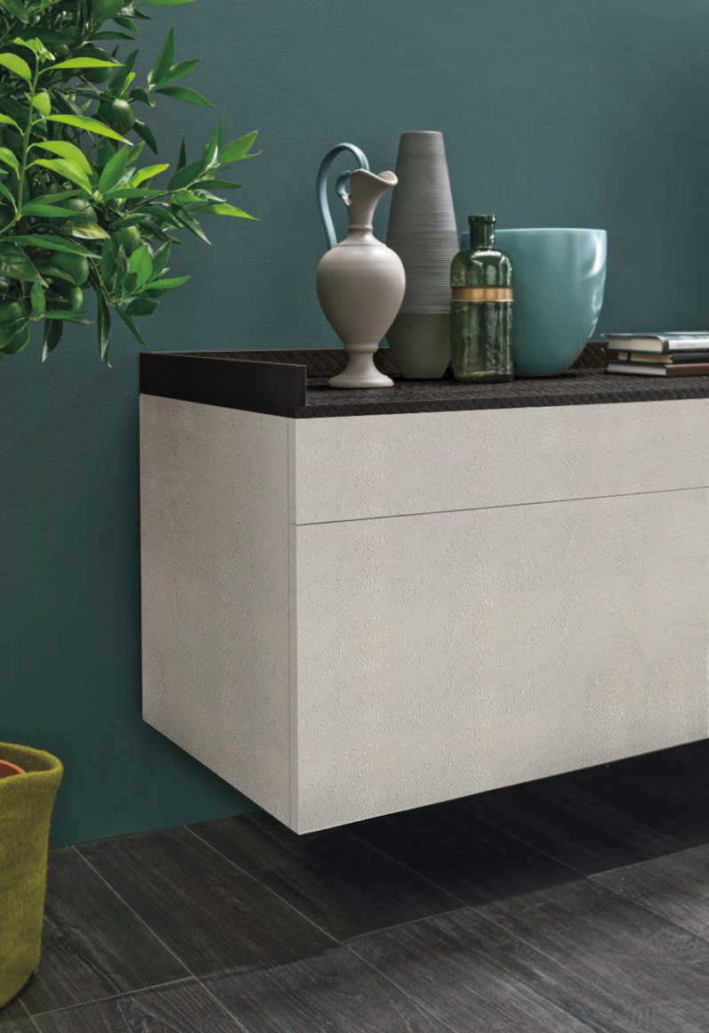 Mobile tv sospeso con cassetti, finitura Intreccio chiaro e Intreccio scuro