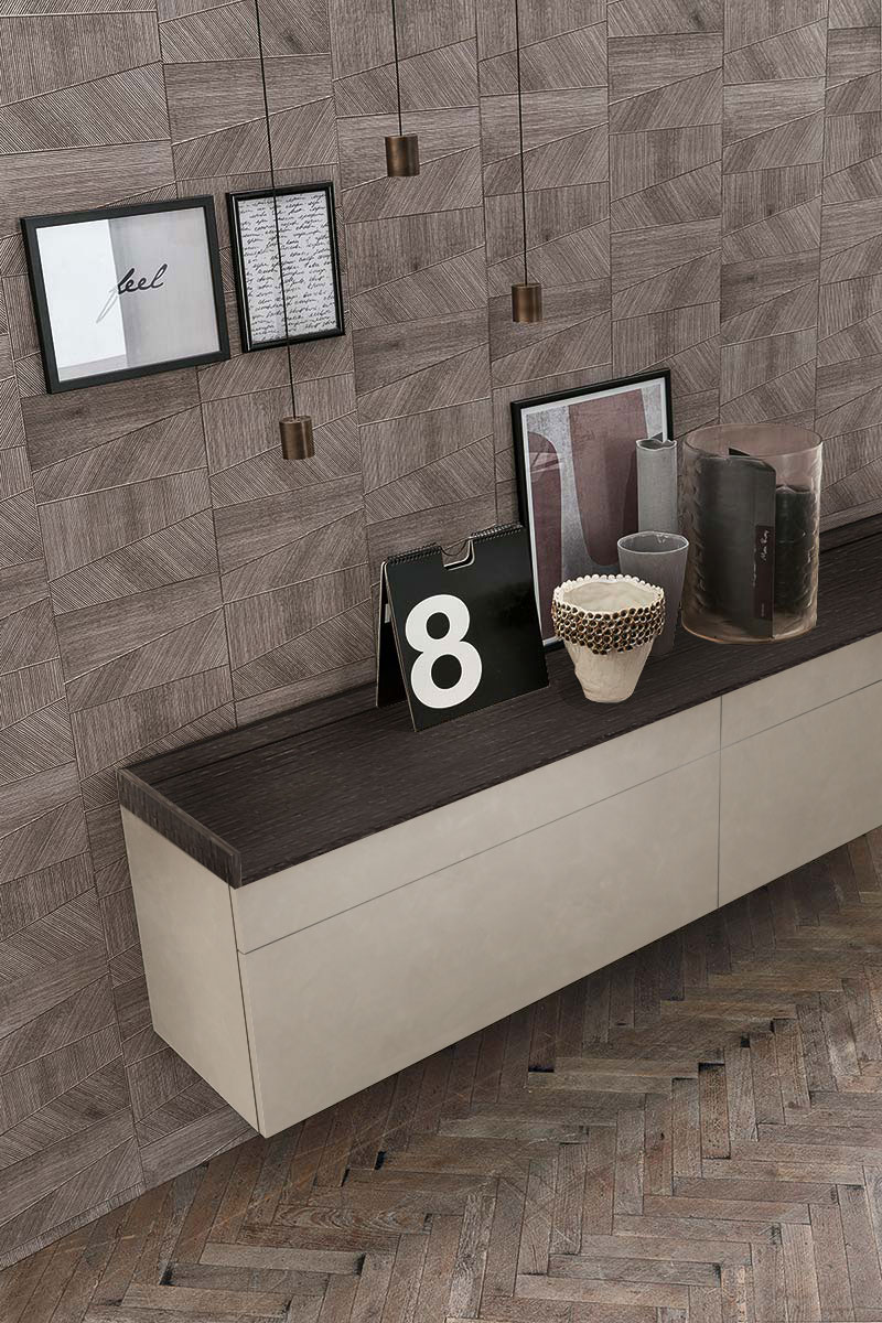 Madia sospesa 2 cestoni e 2 cassetti, finitura materico Cemento cava e Rovere carbone