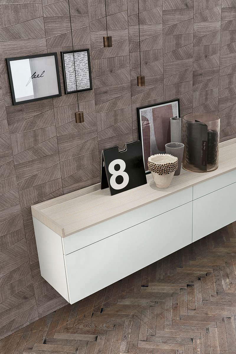 Madia sospesa 2 cestoni e 2 cassetti, finitura materico Madreperla e Bianco gesso